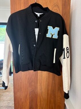 Cult Favorite Basics Varsity Bomber Jacket Black Cream Sherpa Lined "M" Patch NW